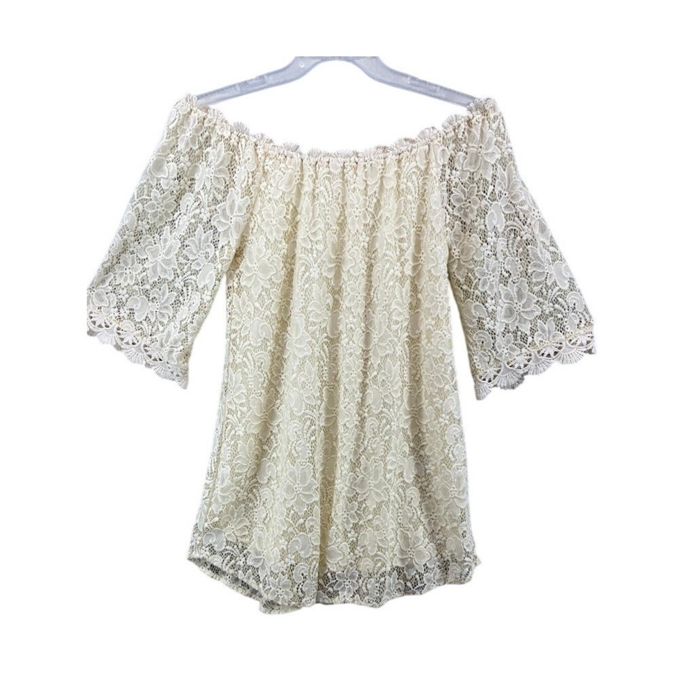 Umgee Dress Womens Sz S‎ Lace Sheath Cream Off Shoulder Boho Floral Coquette
